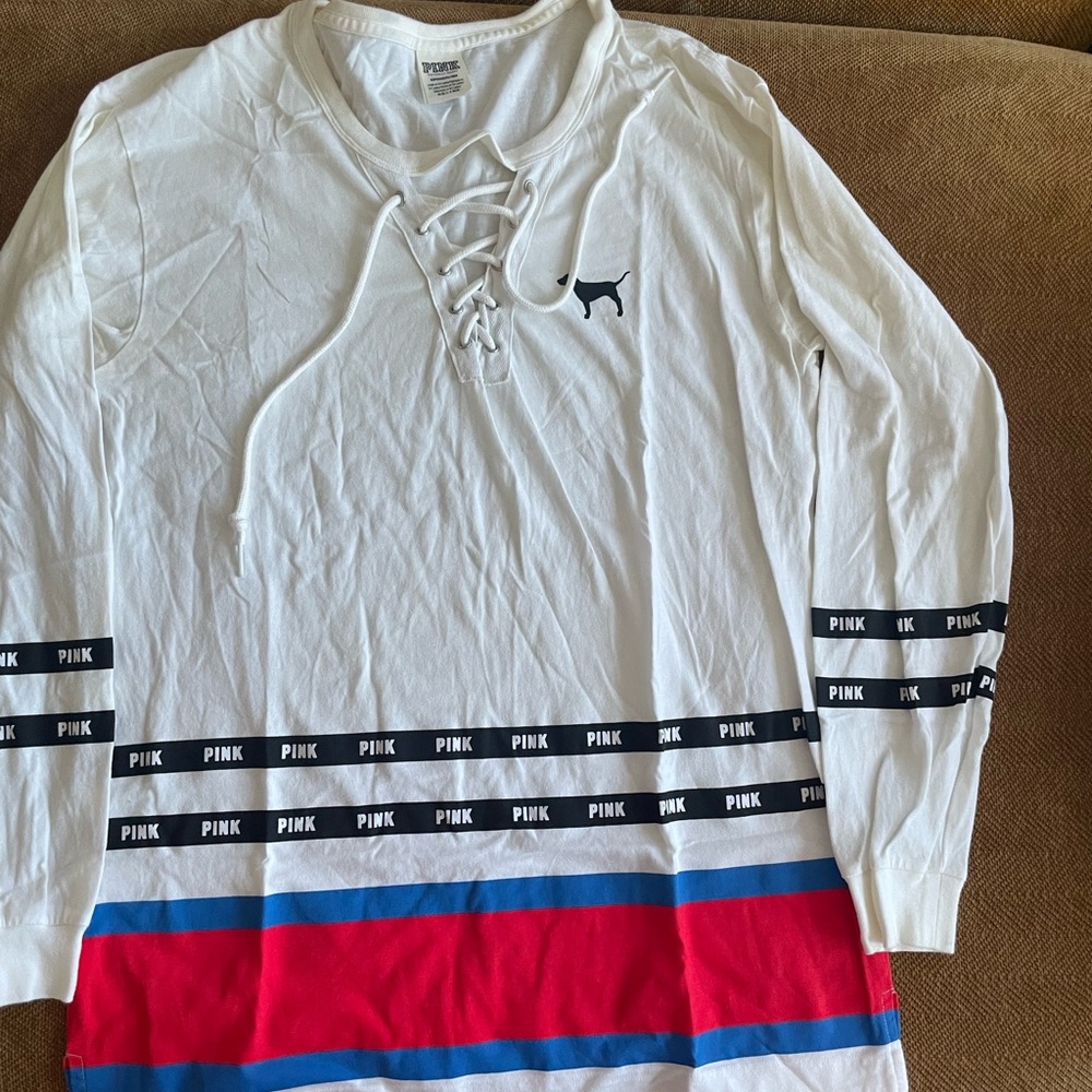 Victoria's Secret White Lace-Up Top with Stripes